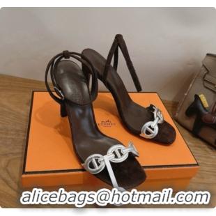 New Design Hermes Calfskin & Suede Heeled Sandal H091666 Silver/Dark Brown 2026