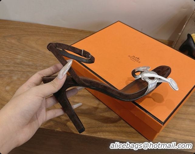 New Design Hermes Calfskin & Suede Heeled Sandal H091666 Silver/Dark Brown 2026