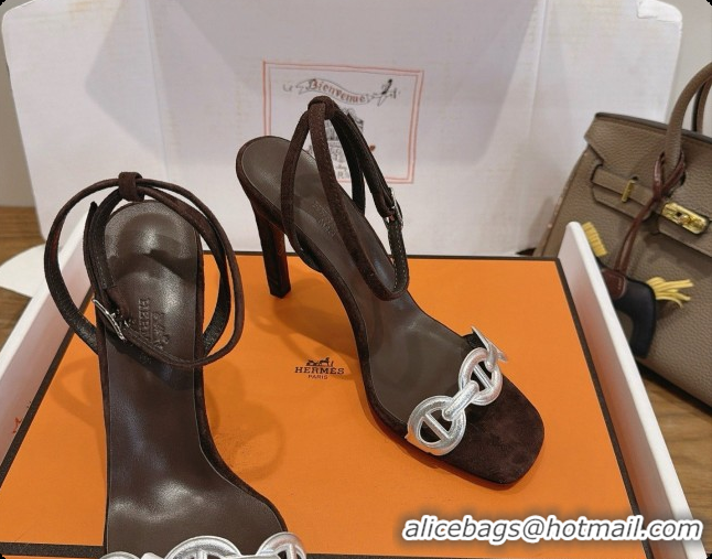 New Design Hermes Calfskin & Suede Heeled Sandal H091666 Silver/Dark Brown 2026