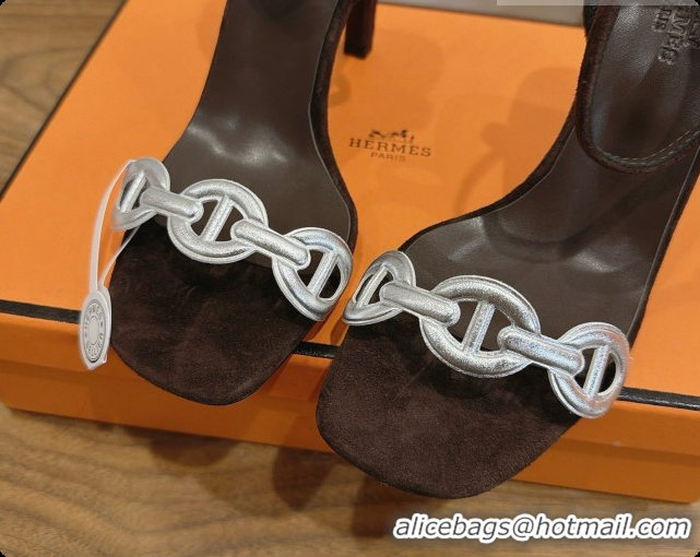 New Design Hermes Calfskin & Suede Heeled Sandal H091666 Silver/Dark Brown 2026