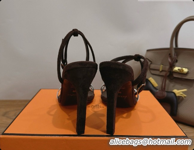 New Design Hermes Calfskin & Suede Heeled Sandal H091666 Silver/Dark Brown 2026