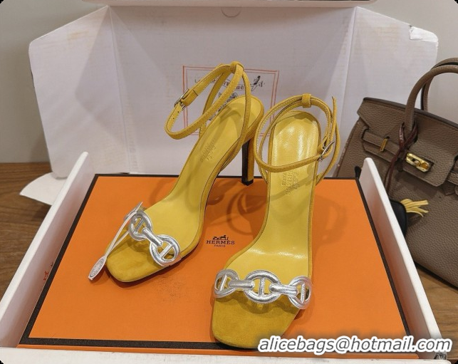 Good Taste Hermes Calfskin & Suede Heeled Sandal H091667 Silver/Yellow 2026