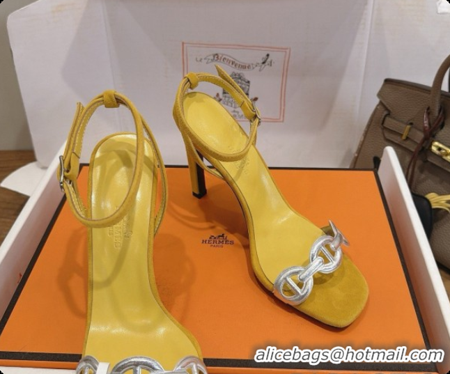 Good Taste Hermes Calfskin & Suede Heeled Sandal H091667 Silver/Yellow 2026