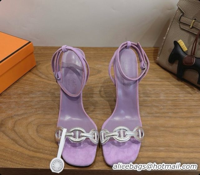 Most Popular Hermes Calfskin & Suede Heeled Sandal H091669 Silver/Purple 2026