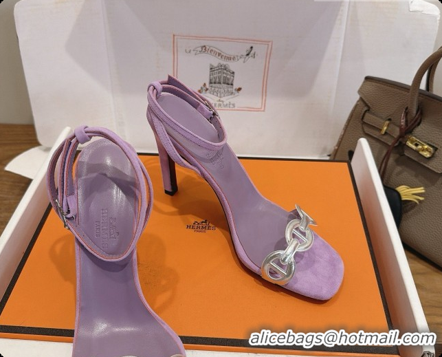 Most Popular Hermes Calfskin & Suede Heeled Sandal H091669 Silver/Purple 2026
