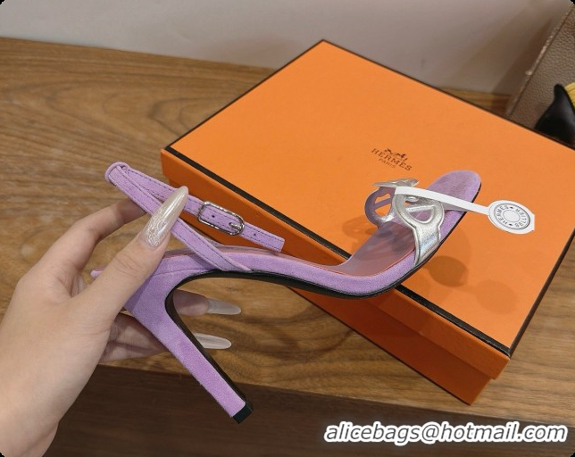 Most Popular Hermes Calfskin & Suede Heeled Sandal H091669 Silver/Purple 2026