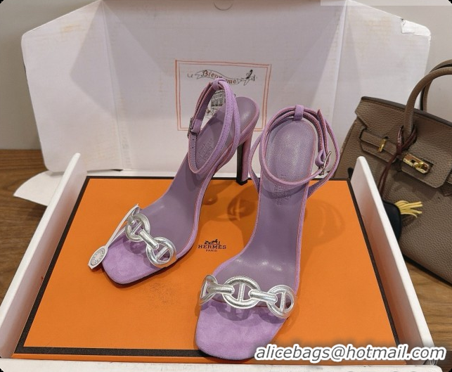 Most Popular Hermes Calfskin & Suede Heeled Sandal H091669 Silver/Purple 2026