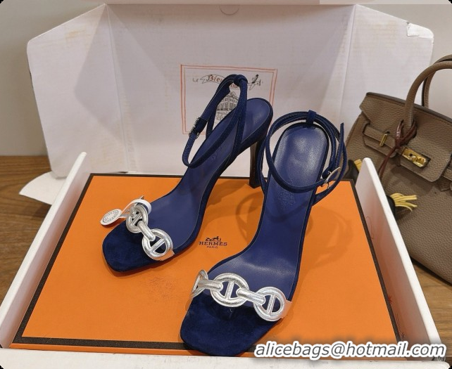 Low Price Hermes Calfskin & Suede Heeled Sandal H091670 Silver/Blue 2026