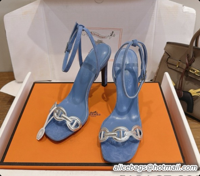 Cheap Price Hermes Calfskin & Suede Heeled Sandal H091672 Silver/Blue 03 2026