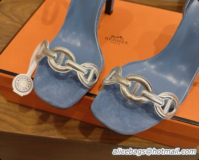 Cheap Price Hermes Calfskin & Suede Heeled Sandal H091672 Silver/Blue 03 2026