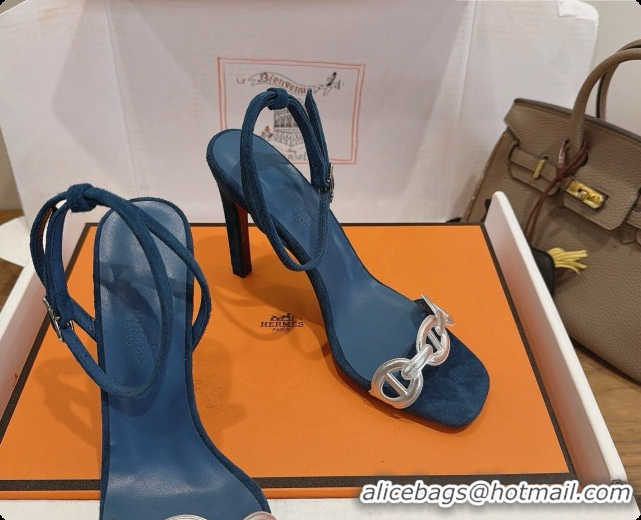 New Style Hermes Calfskin & Suede Heeled Sandal H091673 Silver/Blue 04 2026