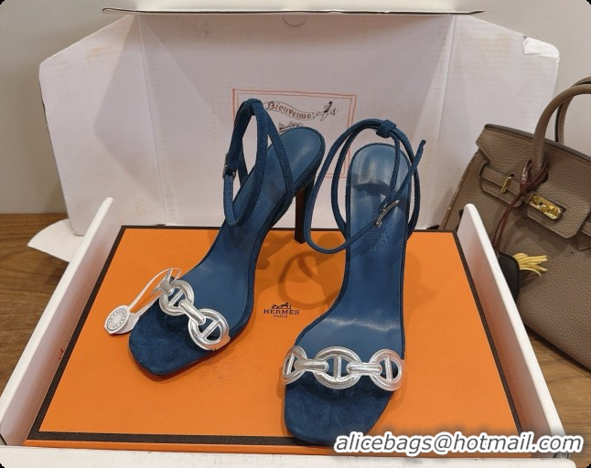 New Style Hermes Calfskin & Suede Heeled Sandal H091673 Silver/Blue 04 2026