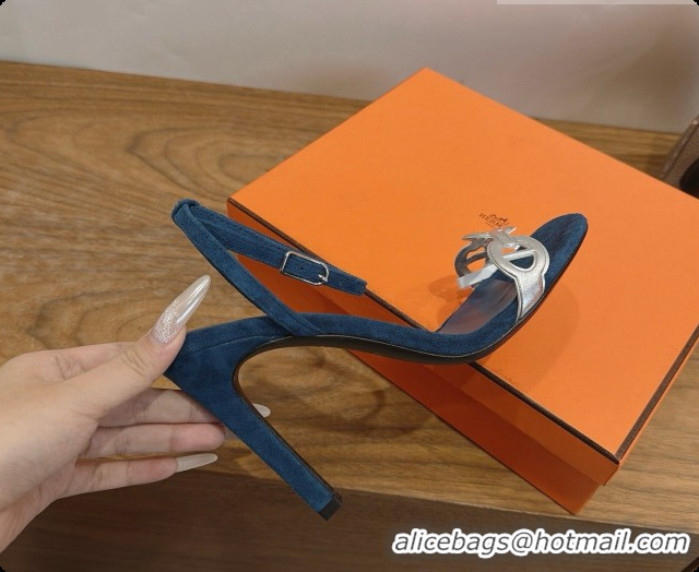 New Style Hermes Calfskin & Suede Heeled Sandal H091673 Silver/Blue 04 2026