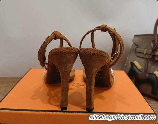 Inexpensive Hermes Calfskin & Suede Heeled Sandal H091675 Silver/Brown 02 2026