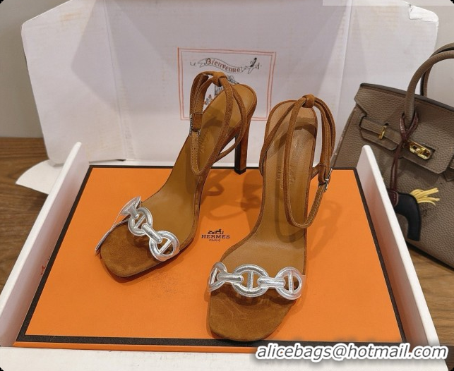 Inexpensive Hermes Calfskin & Suede Heeled Sandal H091675 Silver/Brown 02 2026