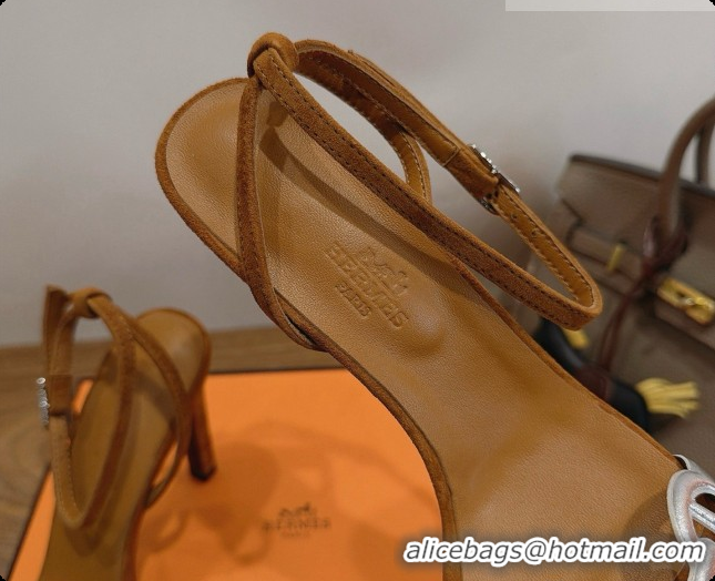Inexpensive Hermes Calfskin & Suede Heeled Sandal H091675 Silver/Brown 02 2026