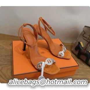 Popular Style Hermes Calfskin & Suede Heeled Sandal H091676 Silver/Orange 2026