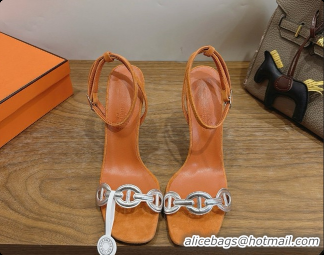 Popular Style Hermes Calfskin & Suede Heeled Sandal H091676 Silver/Orange 2026