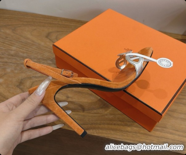 Popular Style Hermes Calfskin & Suede Heeled Sandal H091676 Silver/Orange 2026