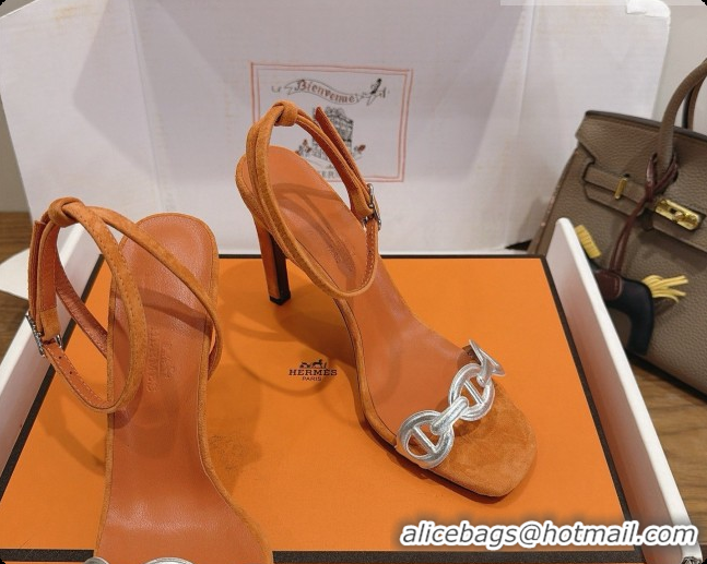 Popular Style Hermes Calfskin & Suede Heeled Sandal H091676 Silver/Orange 2026