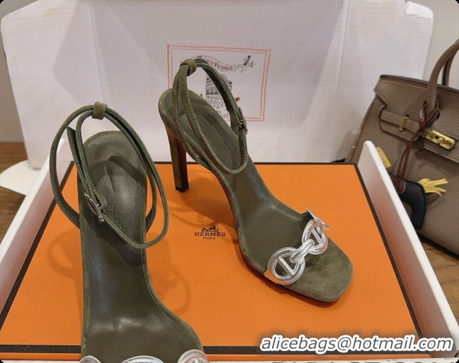 Grade Hermes Calfskin & Suede Heeled Sandal H091677 Silver/Dark Green 2026