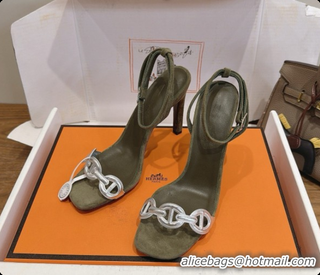 Grade Hermes Calfskin & Suede Heeled Sandal H091677 Silver/Dark Green 2026