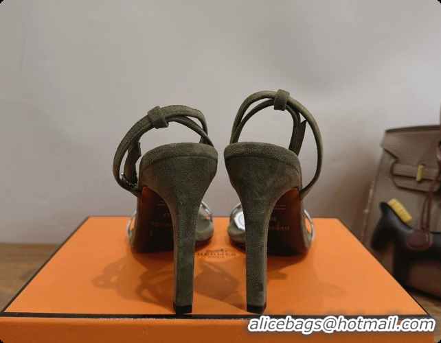 Grade Hermes Calfskin & Suede Heeled Sandal H091677 Silver/Dark Green 2026