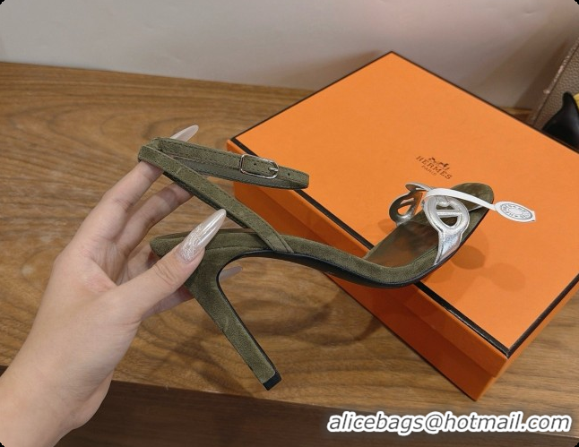 Grade Hermes Calfskin & Suede Heeled Sandal H091677 Silver/Dark Green 2026