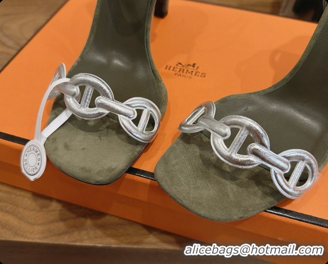 Grade Hermes Calfskin & Suede Heeled Sandal H091677 Silver/Dark Green 2026