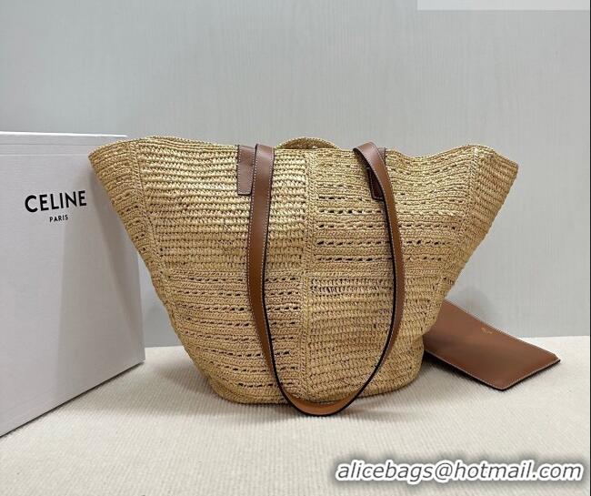 Top Quality Celine Classic Panier Medium Couffin Basket Bag in Raffia Straw Patchwork and Calfskin 119682 2026