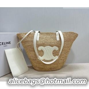 Famous Brand Celine Medium Supple Classic Panier Tote bag in Raffia Straw and Calfskin 114342 Beige/White 2026