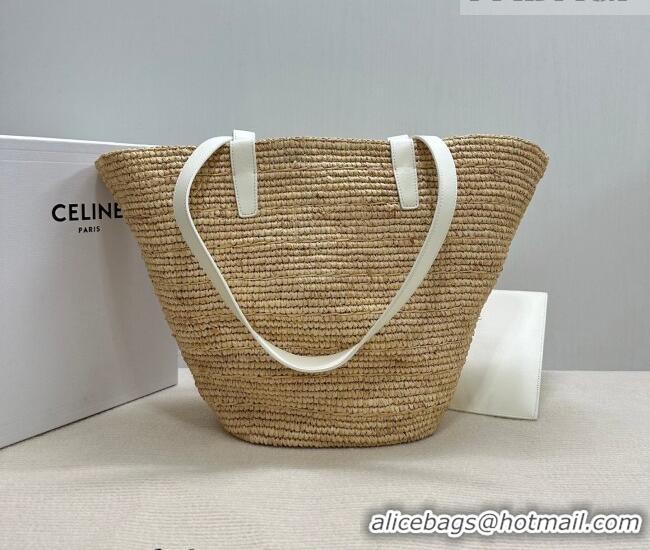 Famous Brand Celine Medium Supple Classic Panier Tote bag in Raffia Straw and Calfskin 114342 Beige/White 2026