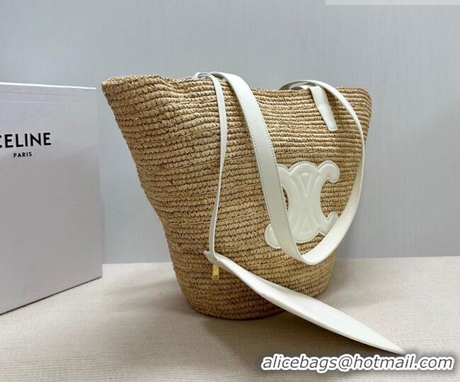Famous Brand Celine Medium Supple Classic Panier Tote bag in Raffia Straw and Calfskin 114342 Beige/White 2026