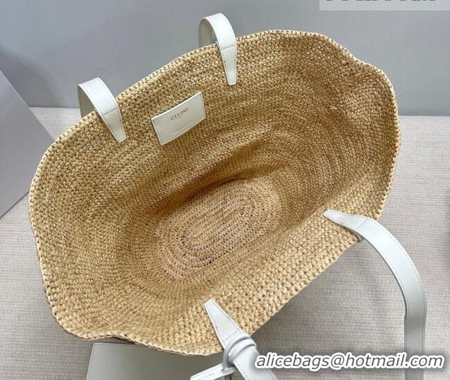 Famous Brand Celine Medium Supple Classic Panier Tote bag in Raffia Straw and Calfskin 114342 Beige/White 2026