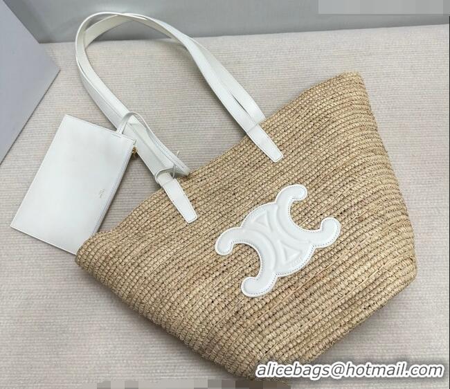 Famous Brand Celine Medium Supple Classic Panier Tote bag in Raffia Straw and Calfskin 114342 Beige/White 2026