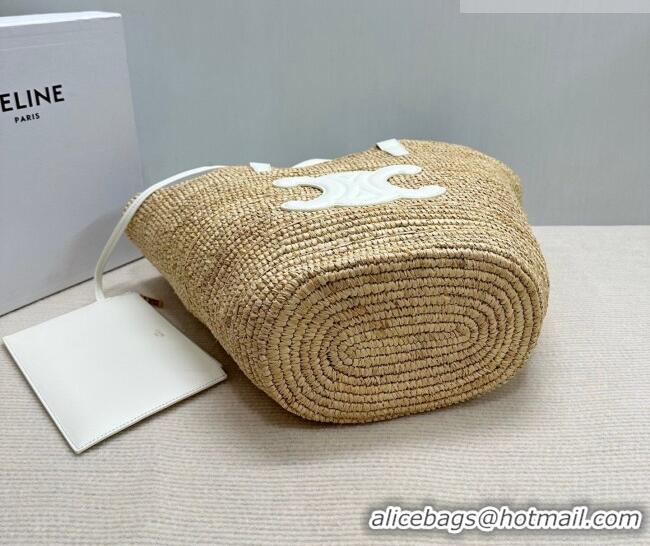 Famous Brand Celine Medium Supple Classic Panier Tote bag in Raffia Straw and Calfskin 114342 Beige/White 2026