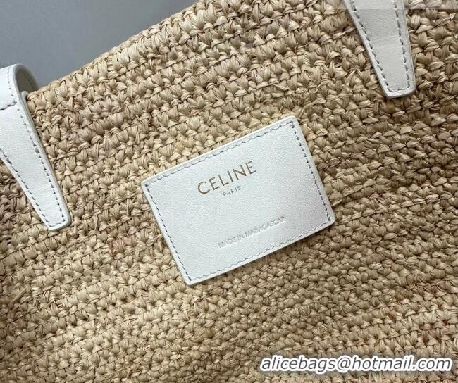 Famous Brand Celine Medium Supple Classic Panier Tote bag in Raffia Straw and Calfskin 114342 Beige/White 2026