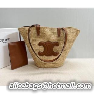 Best Quality Celine Medium Supple Classic Panier Tote bag in Raffia Straw and Calfskin 114342 Beige/Brown 2026