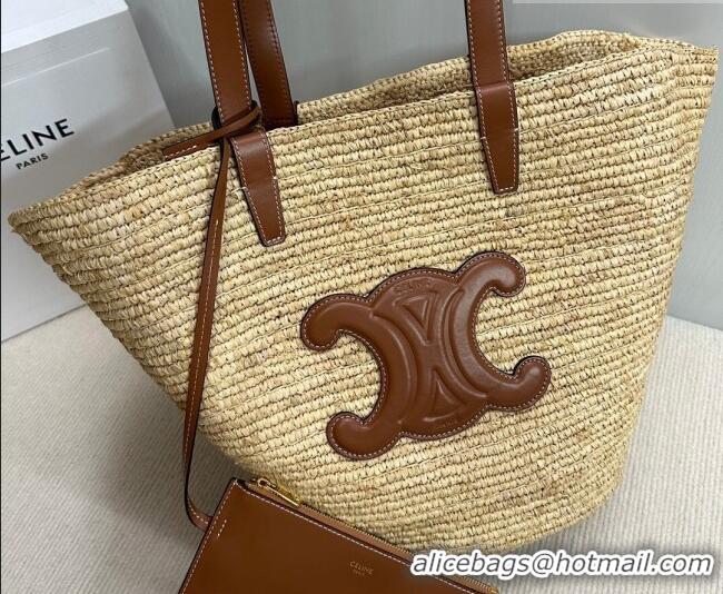 Best Quality Celine Medium Supple Classic Panier Tote bag in Raffia Straw and Calfskin 114342 Beige/Brown 2026
