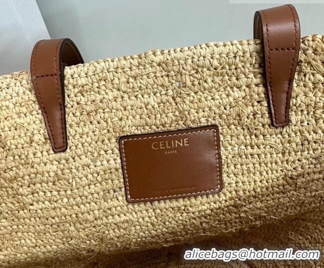 Best Quality Celine Medium Supple Classic Panier Tote bag in Raffia Straw and Calfskin 114342 Beige/Brown 2026