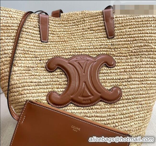 Best Quality Celine Medium Supple Classic Panier Tote bag in Raffia Straw and Calfskin 114342 Beige/Brown 2026