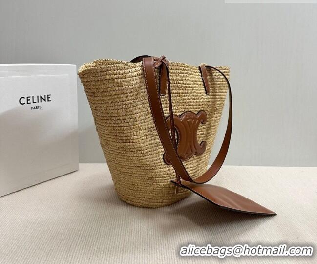Best Quality Celine Medium Supple Classic Panier Tote bag in Raffia Straw and Calfskin 114342 Beige/Brown 2026