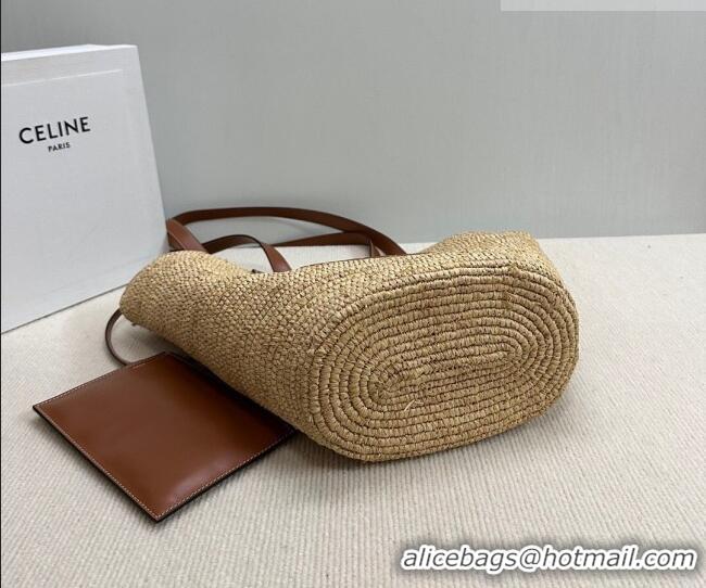 Best Quality Celine Medium Supple Classic Panier Tote bag in Raffia Straw and Calfskin 114342 Beige/Brown 2026