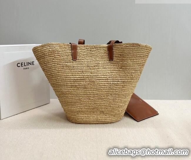 Best Quality Celine Medium Supple Classic Panier Tote bag in Raffia Straw and Calfskin 114342 Beige/Brown 2026