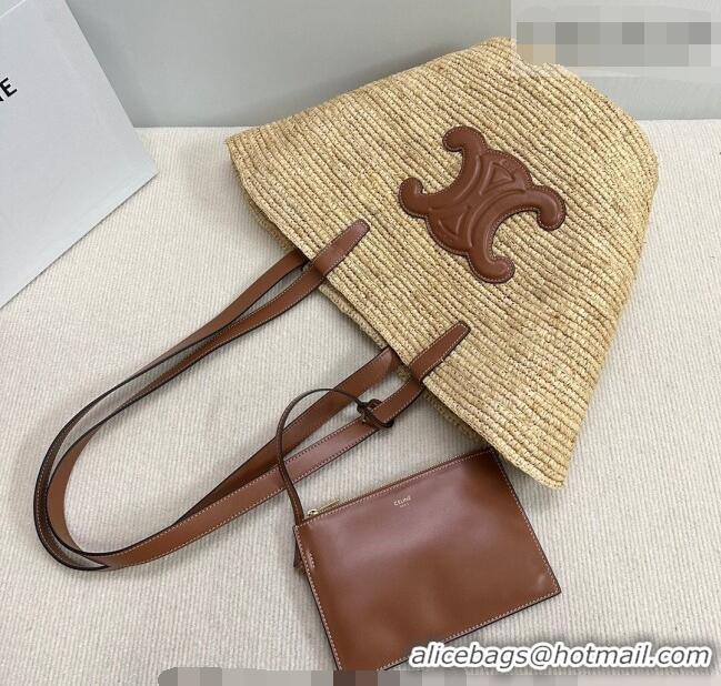 Best Quality Celine Medium Supple Classic Panier Tote bag in Raffia Straw and Calfskin 114342 Beige/Brown 2026