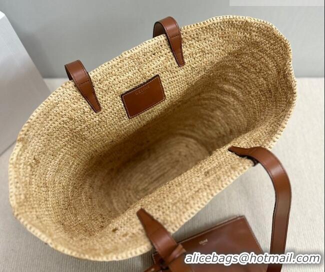 Best Quality Celine Medium Supple Classic Panier Tote bag in Raffia Straw and Calfskin 114342 Beige/Brown 2026