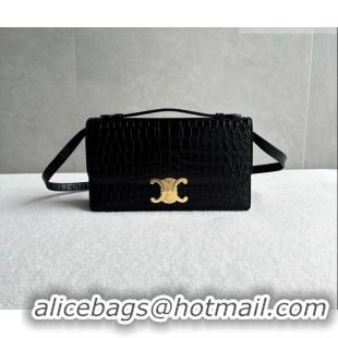 Top Quality Celine Triomphe Folio Medium Bag in Crocodile Embossed Leather 102382 Black/Gold 2026