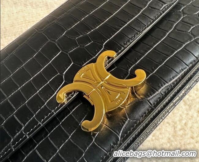 Top Quality Celine Triomphe Folio Medium Bag in Crocodile Embossed Leather 102382 Black/Gold 2026