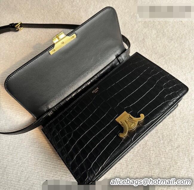 Top Quality Celine Triomphe Folio Medium Bag in Crocodile Embossed Leather 102382 Black/Gold 2026