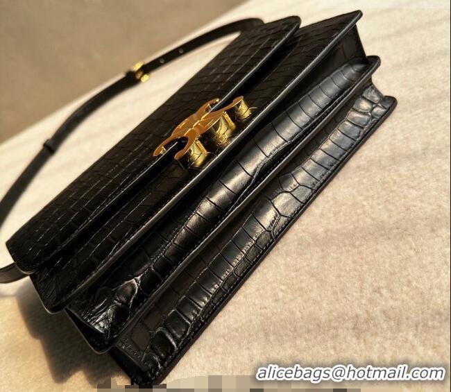 Top Quality Celine Triomphe Folio Medium Bag in Crocodile Embossed Leather 102382 Black/Gold 2026
